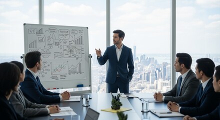 A confident businessman presents a dynamic business plan to his attentive team during a high-rise meeting.