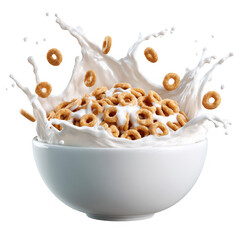 Cereal rings splash in milk isolated on transparent background