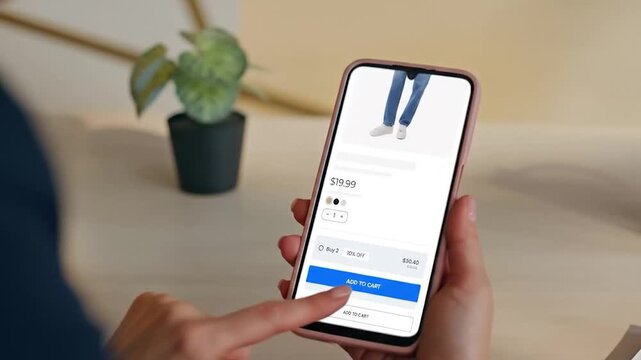 Person Using Smartphone for Online Shopping, Browsing through Pictures of Stylish Brand Handbags. Scrolling Mock-up Internet Clothing Store App with Special Offer e-Commerce products
