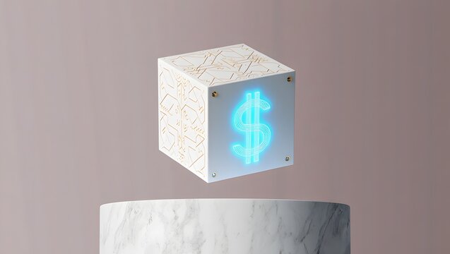 Glowing blue dollar sign on a white cube with golden circuit patterns neon - Powered by Adobe