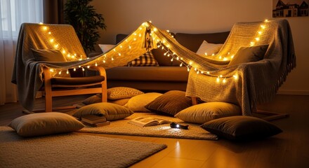 Cozy Blanket Fort Illuminated with String Lights and Pillows in a Living Room