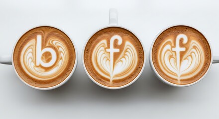 Three cups of coffee with latte art featuring the letters b and f on a white background surface