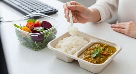 A woman enjoys a healthy and delicious lunch of rice, curry, and a fresh salad at her desk.
