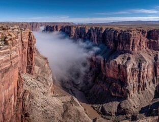 Grand canyon vista shows layered rock walls & a river snaking below, partially obscured by low-lying fog/clouds. Sky is clear & blue. Panorama