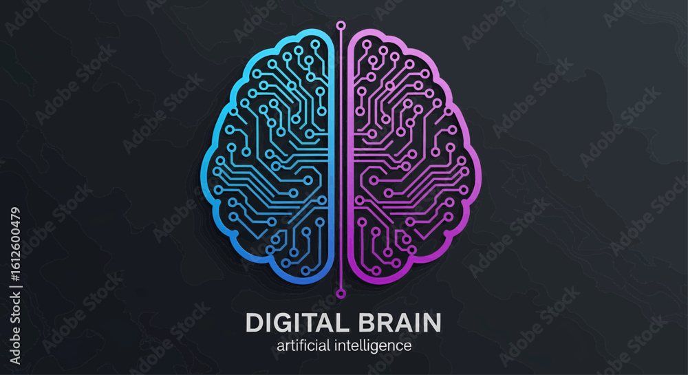 Poster futuristic concept of a digital brain representing artificial intelligence, with glowing circuit boa