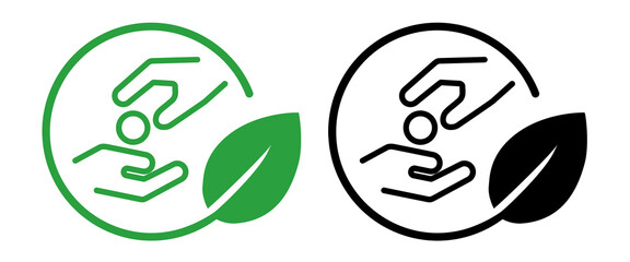 eco-friendly icon depicting hands giving coin with a green leaf symbolizing environmental donation sustainable charity financial support for eco-initiative