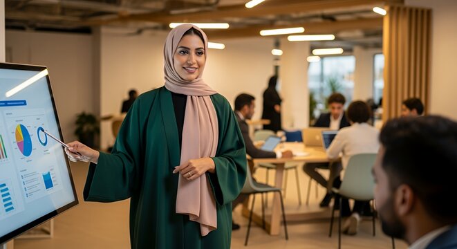 A confident businesswoman in a hijab presents financial data during a team meeting in a modern . - Powered by Adobe