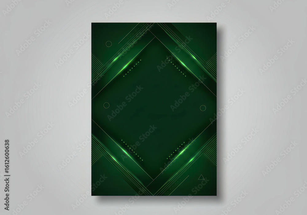 Poster sleek dark green abstract background with dynamic diagonal lines, luminous elements, and geometric a