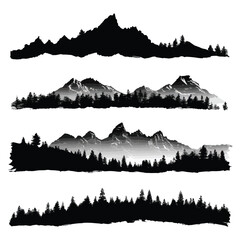 cascade mountain range silhouette set, Black & White silhouette set
