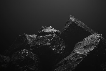 Naklejka premium Black-and-white photorealistic rocks with sea level in background, dramatic high contrast lighting and volumetric cinematic atmosphere, minimalistic dark style