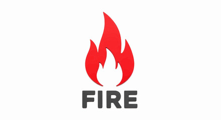 Simple red fire flame icon with bold text, a 3D graphic symbol for warning, heat, and energy, isolated on a white background.