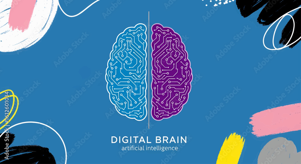 Poster abstract illustration of a digital brain with circuit board hemispheres, representing artificial int