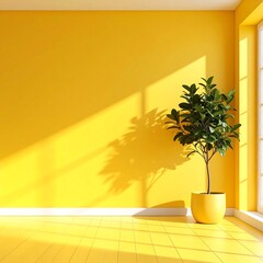 Sunlit yellow room with potted plant