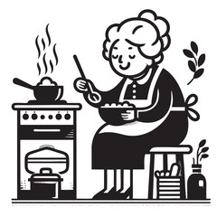 grandma cooking in kitchen   black and white illustration