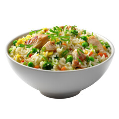 Delicious chicken fried rice with vegetables in a white bowl isolated on transparent background