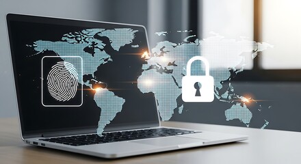 Global digital security fingerprint and padlock laptop computer