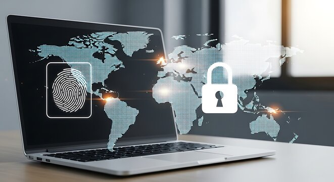 Global digital security fingerprint and padlock laptop computer