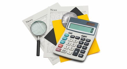 Business finance and accounting concept with a calculator, magnifying glass, and newspaper for market analysis or auditing.