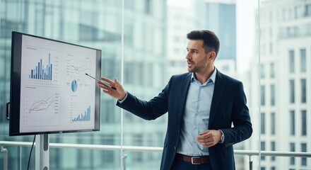 Obraz na płótnie Canvas Confident businessman presents financial data on a large screen during a corporate presentation in a modern .