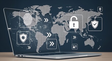 Global digital security network interface laptop world map