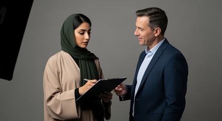 A businesswoman in a hijab and a man in a suit review documents together, demonstrating a collaborative business meeting.