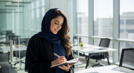 A young woman in a hijab thoughtfully jots notes in her planner, working productively in a modern space.