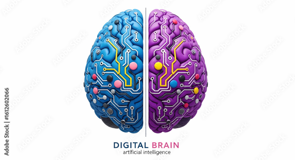 Poster digital brain with blue and purple hemispheres featuring circuit pathways, symbolizing the fusion of