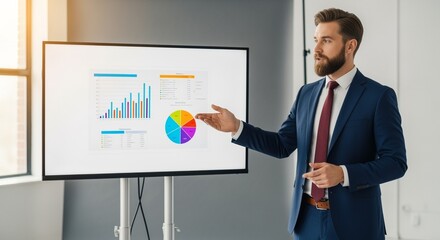 A confident businessman presents financial data and market analysis on a large display screen during a presentation.