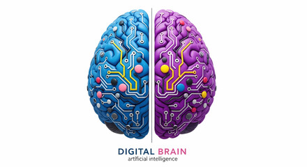 Digital brain with blue and purple hemispheres featuring circuit pathways, symbolizing the fusion of technology and artificial intelligence.