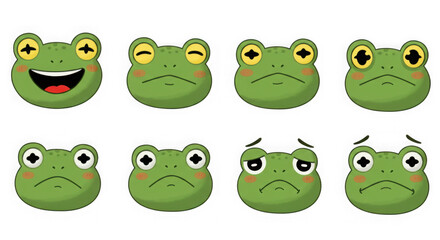 Eight expressive frog faces isolated on transparent background