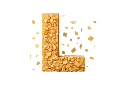 Letter L Made of Crunchy Cornflakes with Scattered Pieces on Transparent Background