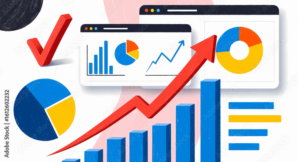 Poster data analysis and growth charts visualizing business success and performance metrics