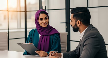 A man and woman in professional attire engage in a collaborative discussion, reviewing documents together in a modern setting.