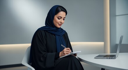 A woman in traditional Middle Eastern attire sits at a table, thoughtfully writing in a notebook, a laptop rests nearby.