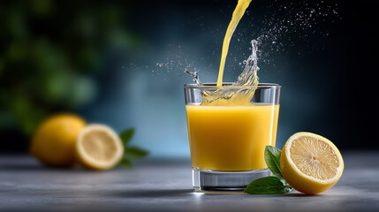 Fresh Lemon Juice Pouring Into Glass With Splash And Lemon Slice