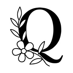 Floral alphabet – Letter Q entwined with leaves and blossoms icon with transparent background in black and white style
