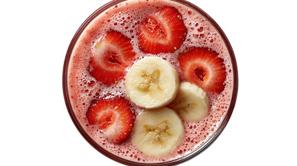 Assorted smoothies Banana Strawberry Cherry Apple Pineapple Mango topped with strawberries coconut shreds chia seeds and rose petals in a coconut shell bowl