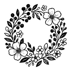 Floral wreath and decorative flower borders icon with transparent background in black and white style
