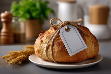 Fresh Baked Bread Loaf with Twine and Blank Tag Mockup on Plate