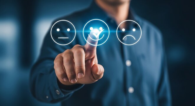 Professional taps smiling feedback icon, showing excellent customer experience and satisfaction rating online
