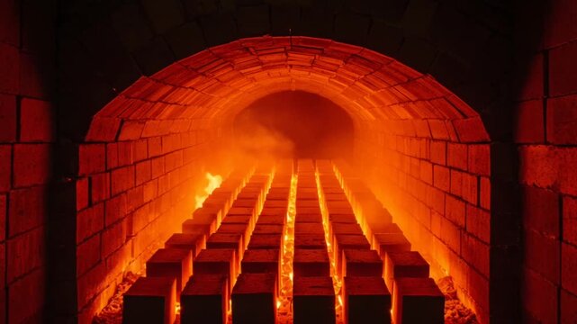 Glowing kiln interior with rows of bricks heating up