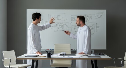 Two men in white robes collaborate on a whiteboard, brainstorming ideas and discussing a project plan.