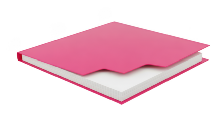 A bright pink hardcover notebook with white pages is shown from a slightly elevated angle isolated on transparent background