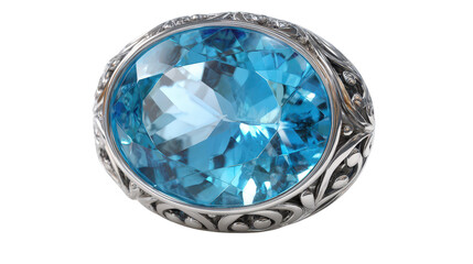 Aquamarine stone set in decorative silver bezel, gem only view, isolated on a Transparent background, PNG file.
