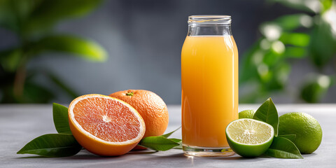 Fresh Orange Juice in Glass Bottle with Citrus Fruit Still Life