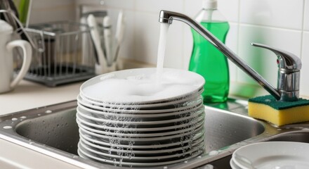Large Stack of Dirty Dishes Soaking in Kitchen Sink with Running Water and Soap