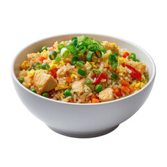 Delicious chicken fried rice with vegetables and green onions isolated on transparent background