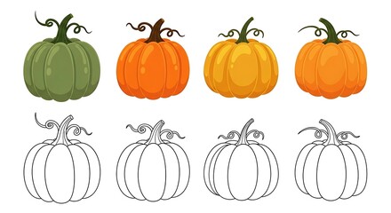 A set of simple pumpkin outlines for coloring or design, isolated on a white background.