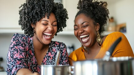 Happy women cooking together in kitchen, laughing