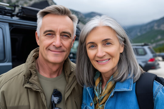 Happy Mature Couple Portrait Outdoors with Car and Mountain Backdrop